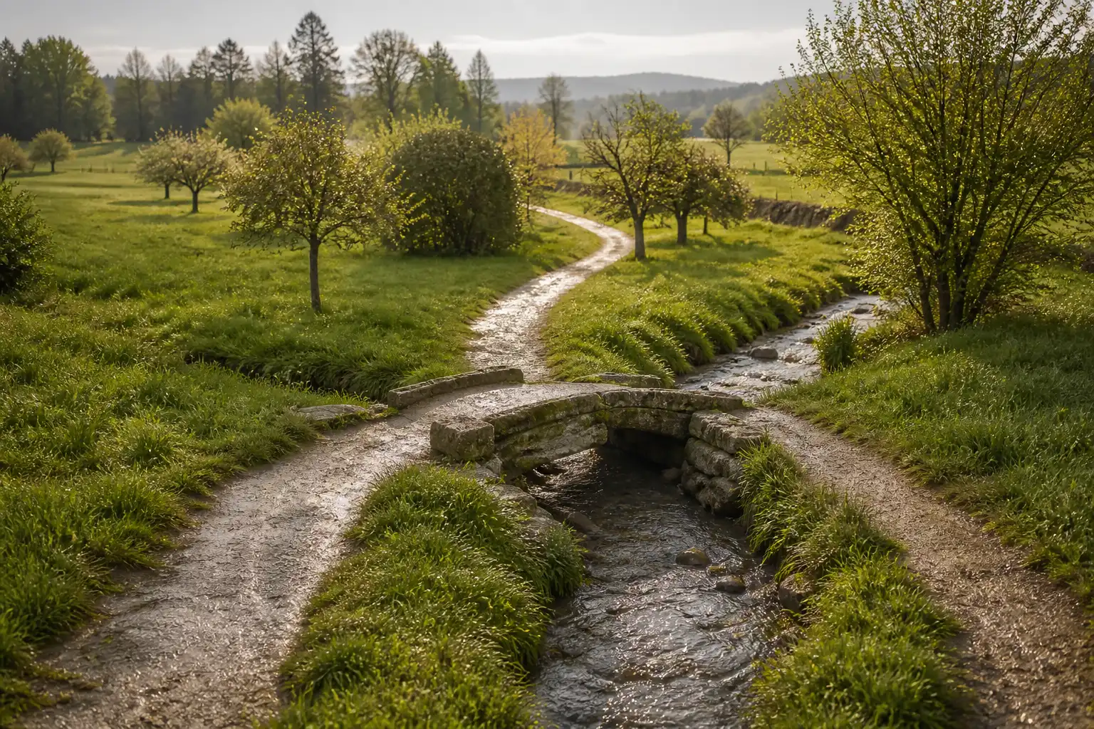 Zwei Wege treffen an einer kleinen Steinbrücke über einem klaren Bach zusammen und führen durch eine grüne Landschaft weiter.