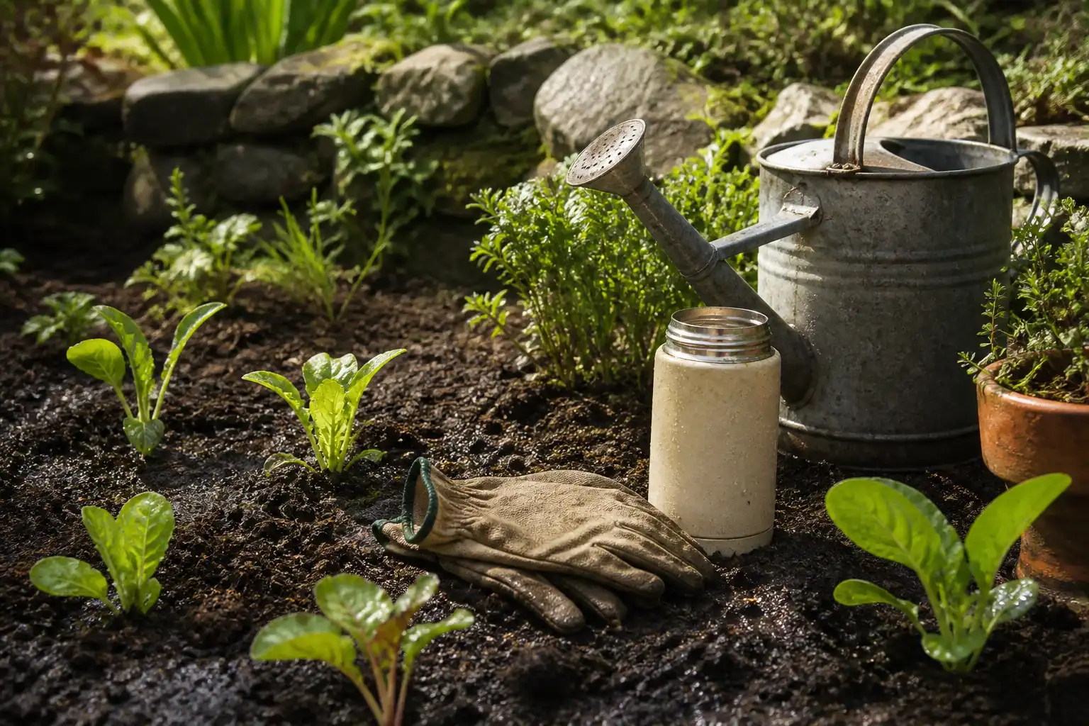 Gebrauchte Gartenhandschuhe, eine Thermosflasche und eine Gießkanne liegen zwischen jungen Pflanzen in der Erde.