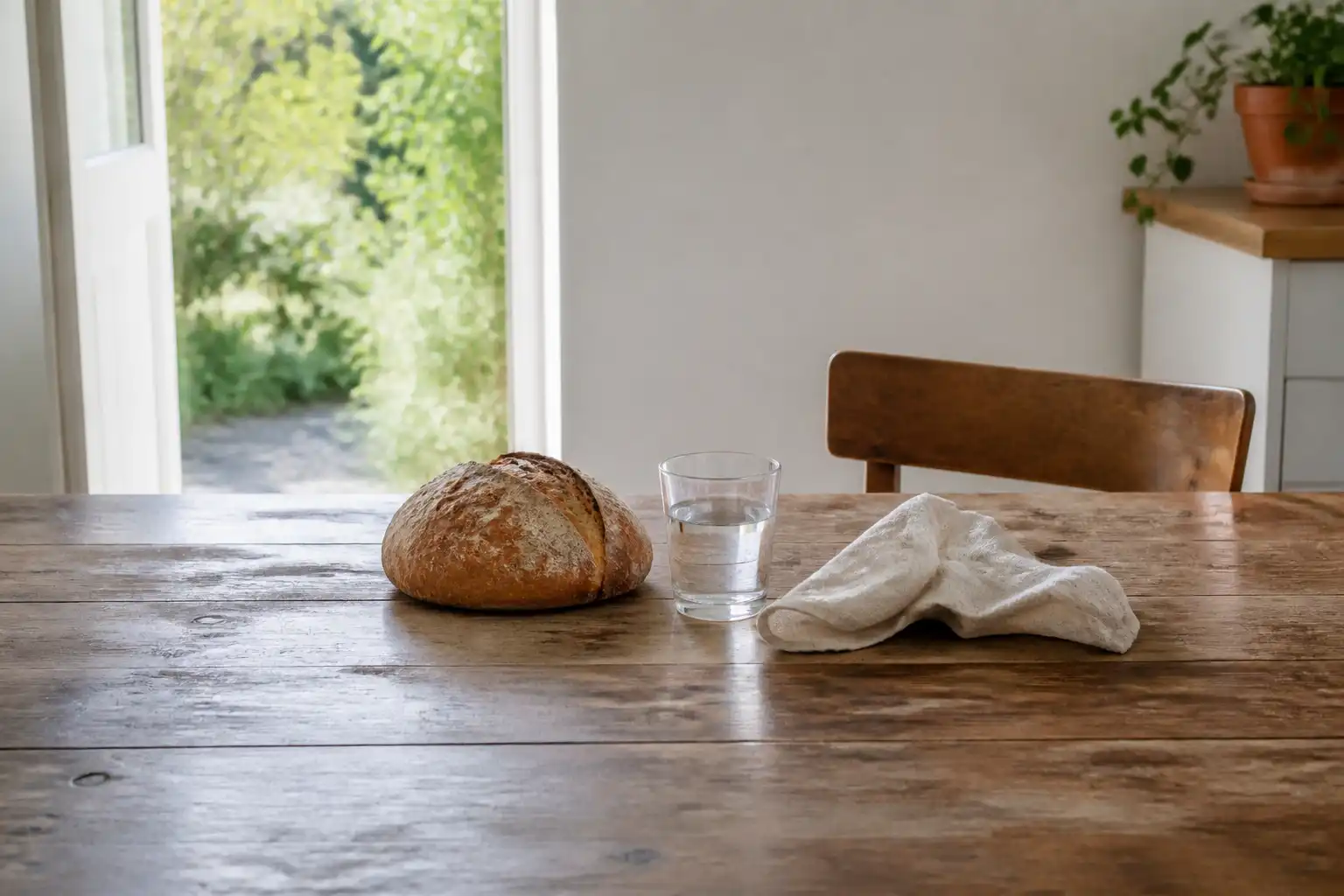 Ein Laib Brot, ein Glas Wasser und helles Leinen stehen auf einem gebrauchten Tisch mit freiem Platz daneben.