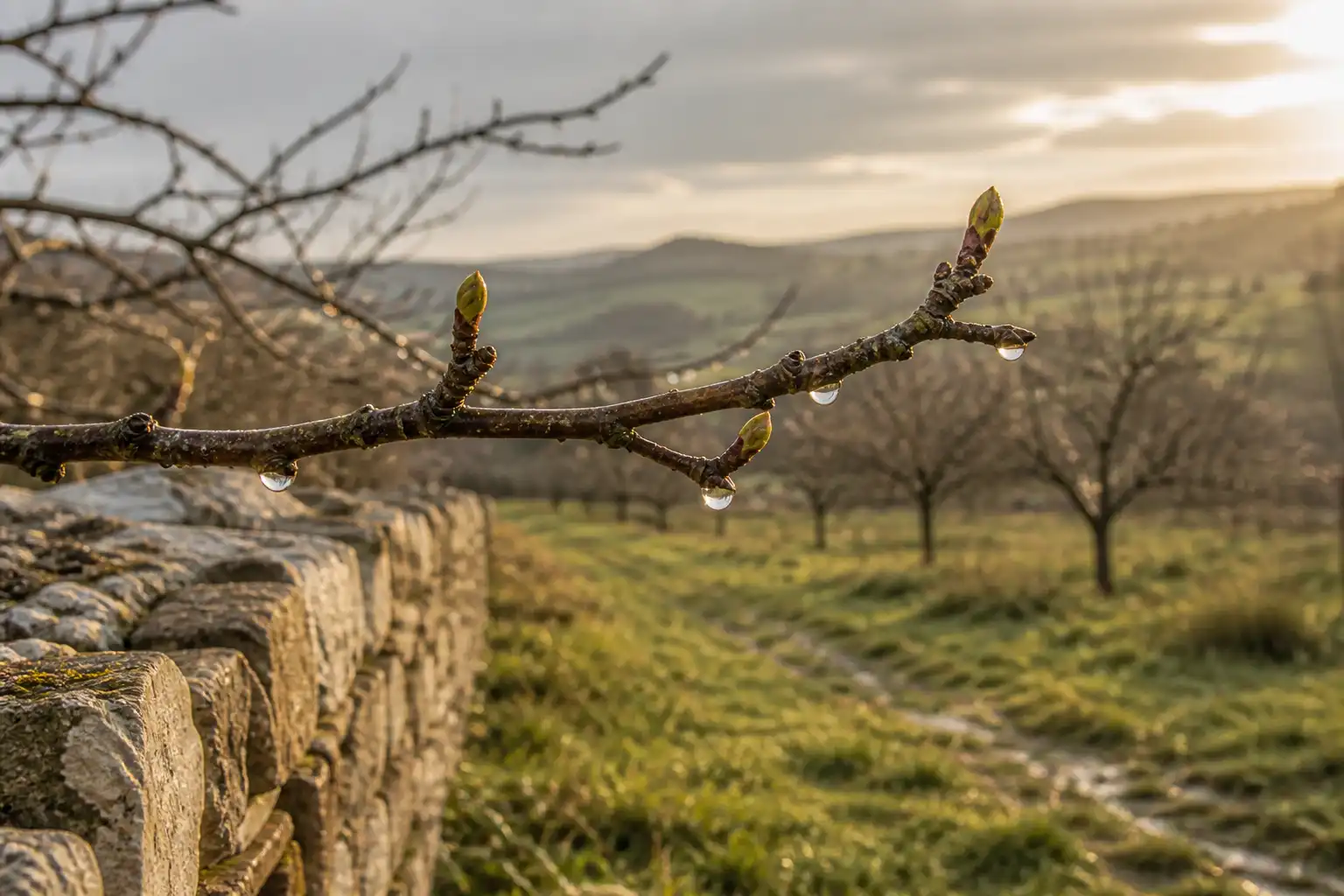 An einem noch kahlen Obstbaumzweig öffnen sich nach dem Regen erste Knospen im Morgenlicht.