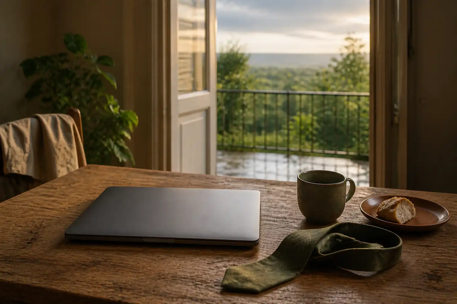 Ein geschlossener Laptop, eine Tasse und ein Stück Brot stehen am Ende eines langen Tages vor einer offenen Balkontür.