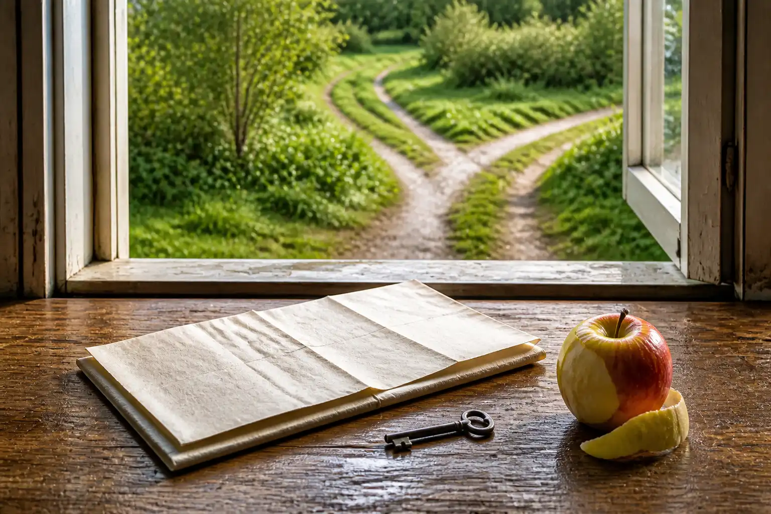 Eine gefaltete Karte ohne Beschriftung, ein Schlüssel und ein halb geschälter Apfel liegen vor einem offenen Fenster mit mehreren Wegen im Hintergrund.