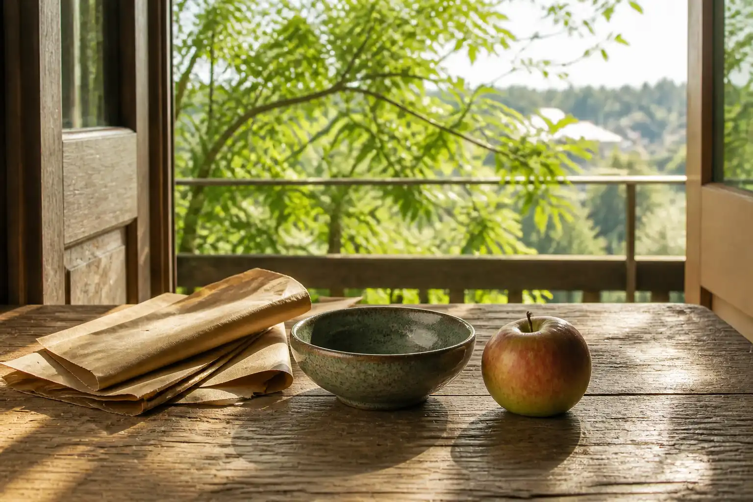 Gefaltetes Geschenkpapier, eine leere Schale und ein Apfel stehen am Morgen vor einer offenen Balkontür.