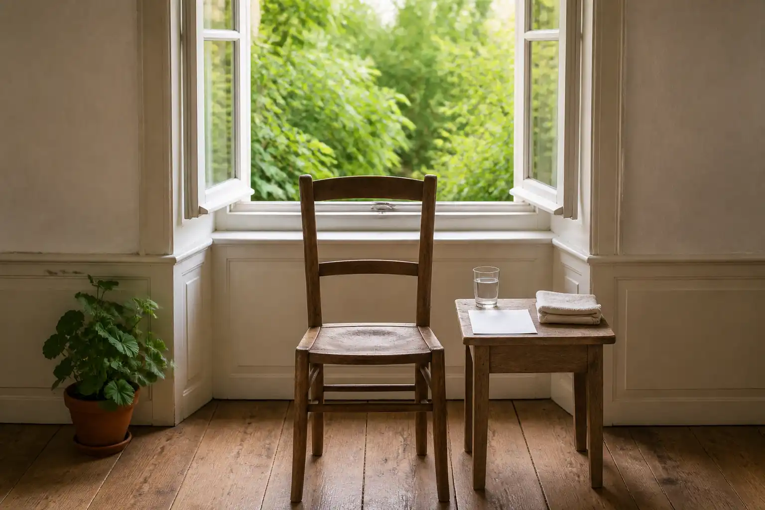 Ein Holzstuhl, ein Glas Wasser, ein gefaltetes Tuch und ein leeres Blatt stehen vor einem offenen Fenster.