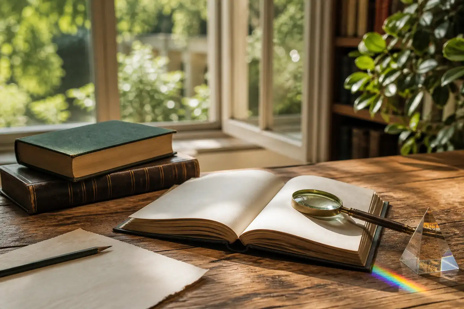 Bücher, Lupe und Glasprisma liegen im hellen Tageslicht auf einem Holztisch.