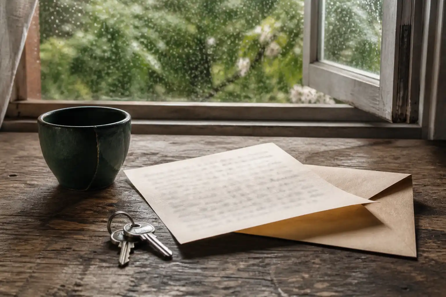 Ein noch offener Brief, ein Schlüssel und eine reparierte Keramiktasse liegen nach dem Regen auf einem Küchentisch.
