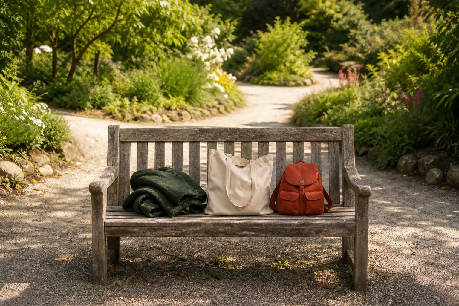 Auf einer gebrauchten Holzbank liegen ein Mantel, eine Stofftasche und ein Rucksack an einem hellen Gartenweg.