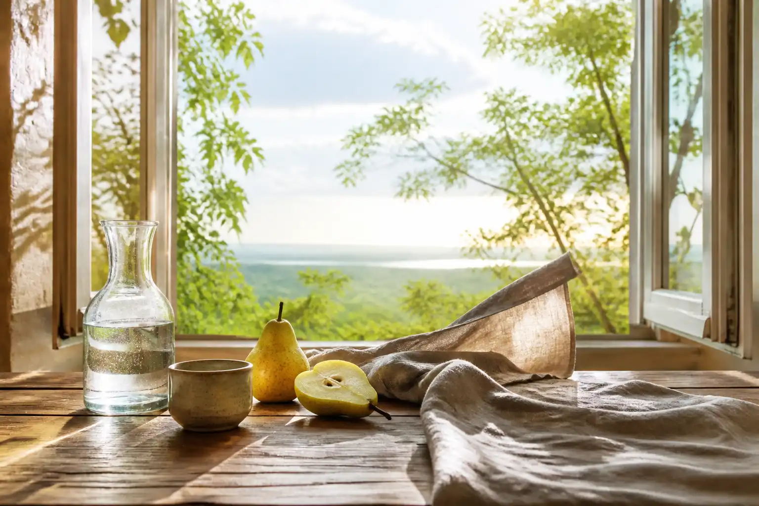 Morgensonne fällt auf einen Holztisch mit Wasser, Birnen und hellem Leinen vor einem offenen Fenster.